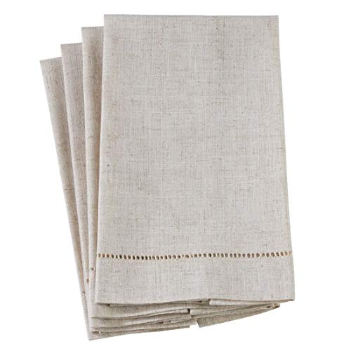 Fennco Styles Hemstitch Design Linen-Poly Guest Towels 14x22 Inch, Set of 4 – Natural Modern Hand Towels for Bathroom Decor, Bar Accessories, Wedding Gifts (Plain Natural)