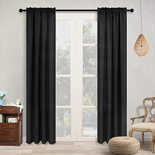 Black Curtains 84 Inches Long For Living Room Set 2 Panels Rod Pocket Boho Farmhouse Gothic Decor Privacy Muslin Flax Linen Semi Sheer Window Curtain Drapes For Bedroom Dining Room 84 Inch Length #TOP6