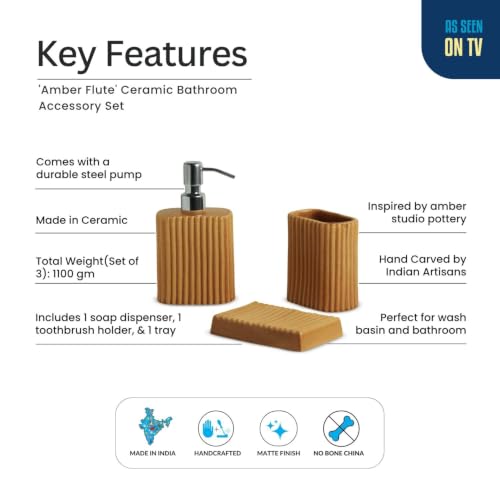 Image of ExclusiveLane 'Amber Flute' Ceramic Bathroom Accessories Set of 3 (Ceramic Liquid Soap Dispenser Set for Wash Basin, Paste & Toothbrush Holder, Soap Tray) |Hand-Carved |Bathroom Organiser Set