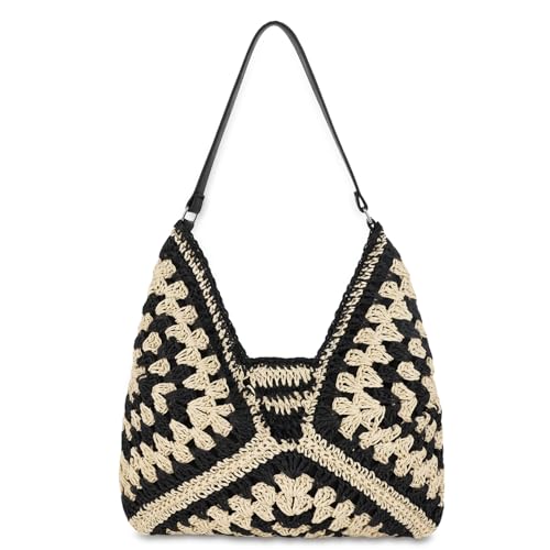 Straw Hobo Beach Bag for Women, Woven Tote Bag Summer Crochet Shoulder Bag Purse with PU Leather Strap,Vintage Foldable Handbag for Everyday Travel Vacation(Black-Adjustable Strap)