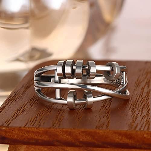 MILACOLATO 925 Sterling Silver Anxiety Ring for Women Men Fidget Peace Rings for Anxiety Stress Reliever Spinner Ring Retro Adjustable Band Rings Anxiety Relief Spinning Ring