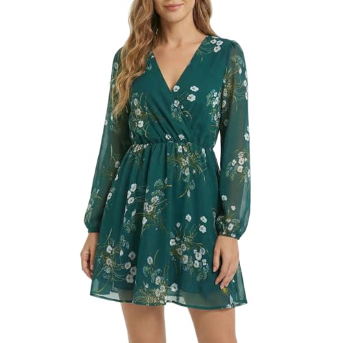 ZUGIYUW TQYEGQX Womens Elegant V-Neck Chiffon Dress - Long Sleeve Flowy Casual Dresses for Spring & Autumn Holiday and Party Wear