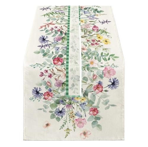 Camino de mesa de lino con hojas de flores de primavera, decoración de fiestas, boda, mantel lavable para mesa de cocina, decoración del hogar (120 x 33 cm)