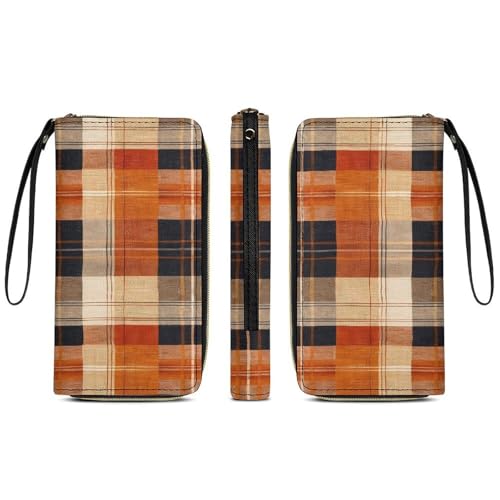 Fall Orange Plaids Women's Wallet Wristlet Zipper Purse with Hand Strap Travel Credit Card Holder for Daily Use Gifts4