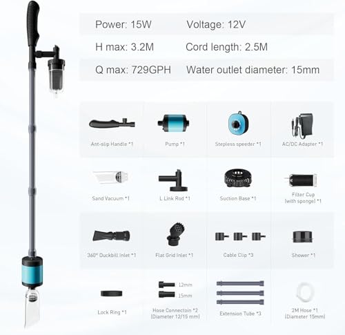 Image of 729GPH /15W Aquarium Gravel Vacuum - 6-in-1 Electric Siphon Pump & Fish Tank Cleaning Kit with Upgraded Variable Frequency Motor for Water Changing, Sand Washing & Waste Removal
