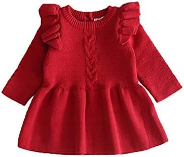 Toddler Baby Girls Knitted Long Sleeve Ruffles Sweater Dress Outfits Winter Warm Tops Clothes (Red, 6-12 Months)