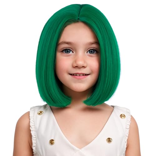Image of Green Wigs Dark Green Bob Wig Short Middle Part Wig for Kids Synthetic Wigs for Daily Party Halloween Use