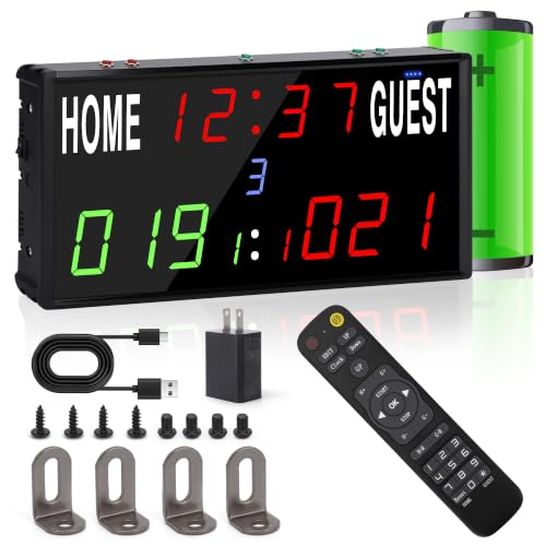 Rechargeable Electronic Scoreboard Digital Score Keeper as Timer/ Shot Clock/24H Clock Portable LED Scoreboard with 40-Foot Remote/Button Control 100FT VISIBLE Score History 6 Brightness 3 Placements