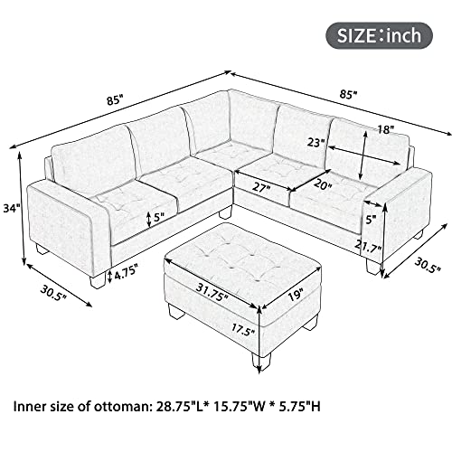 Evedy Ottoman Living Room Furniture Sets,Sectional Sofa,L-Shaped Couch,5 Seater Combination Corner Sofá With Storage Footrest And Cup Holder Saving Design For Large Space Apartments,Light Gray Velvet #TOP1