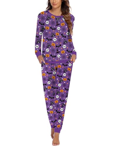 Ekouaer Damen Schlafanzug Langarm Pyjamaset Rundhals Pyjama Lang Winter Nachtwäsche Sleepwear Loungewear Hausanzug Halloween M