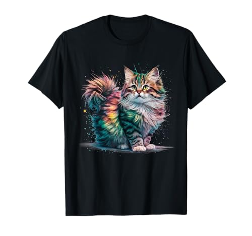 Katze Männer Frauen Bunt Aquarell Katze T-Shirt