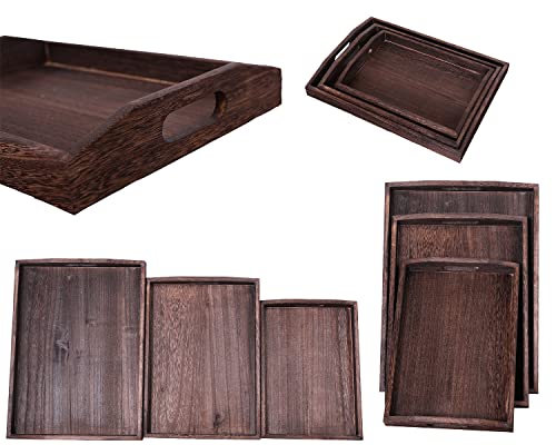 Serving Trays Set Of 3 - Ottoman Wood Trays For Entertainment, Food And Décor - Rustic Farmhouse Distressed Wood Finish - Stained Wood Brown #TOP6