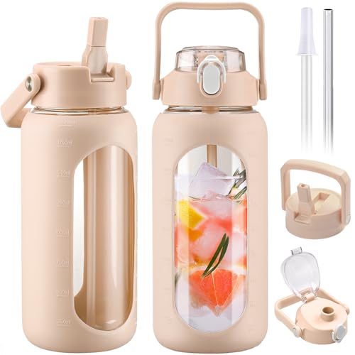 BLUEGO 2L Glass Water Bottles with 2 Lids Flip Lid and Spout Lid Half Gallon Water Bottle with Straw 2000ml Large Water Bottle with Time and Capacity Markers for Gym Home Office Leak-proof, Amber
