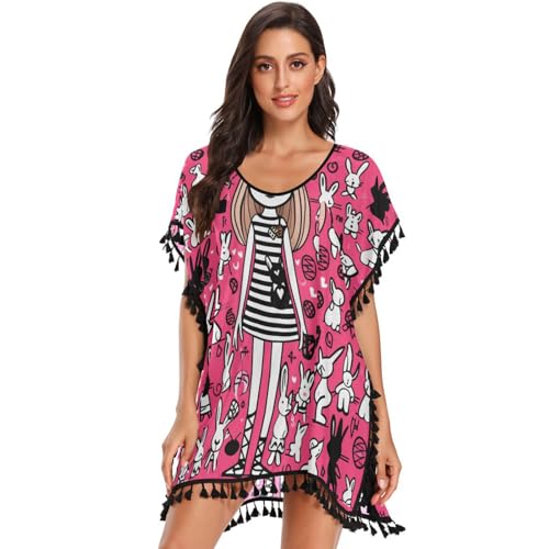 Pink Doodle Art Cute Girl Women's Beach Cover Up Chiffon Tassel Swimwear Swimsuit Coverups for Girl