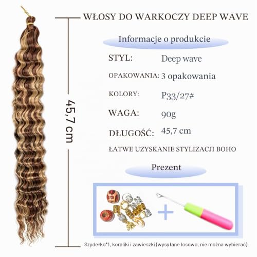 MLETULIPS Przedłużki do włosów Ocean Wave Crochet Hair Deep Wave Braiding Crochet Hair Soft Synthetic Curly Braiding Crochet Hair for Black Women (P33/27#, 45,72 cm (zestaw 3 sztuk))