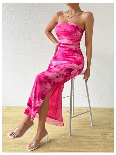 Image of GORGLITTER Women's Floral Strapless Bodycon Wedding Guest Dress Vacation Summer Birthday Tropical Maxi Long Sun Dresses Hot Pink Large