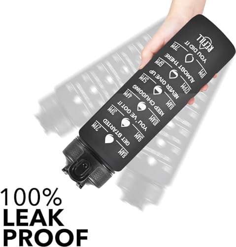 Image of TEKCOOL Motivational 1L Capacity Black Plastic Bottle with Straw | Leakproof, Durable, BPA-Free | Ideal for School /College /Office /Travel, Sports /Outdoor Activities