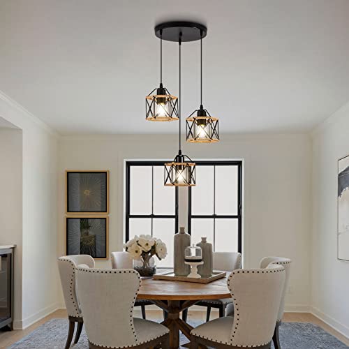 Industrial 3-Light Pendant Light,Farmhouse Hemp Rope Ceiling Light,Rustic Woven Adjustable Hanging Flush Mount Ceiling Swag Lamp, Black Metal Cage Shade,E26 Base For Kitchen Island, Living Room, Bar #TOP7