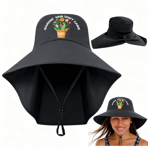 Shyyween Garden Hats for Women Gardener Gifts Sun Protection Wide Brim Embroidered Hat with Neck Flap for Christmas Birthday(Black,Hair Don't Care)