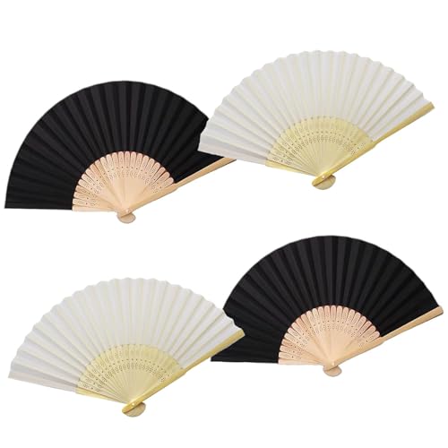 wodehahagou 4 PCS Hand Fan Folding Black White Fan for Dancing Paper Fans Wooden Personal Folding Hand Fan for Wedding DIY Bamboo Crafts Solid Color Fan with Ancient Style Blank Paper Folding Fan