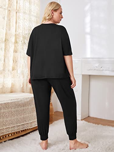 Oyoangle Women's Plus Size 2 Piece Short Sleeve Pajama Set Letter Tshirt And Pants Lounge Set Sleepwear Black 4Xl #TOP1