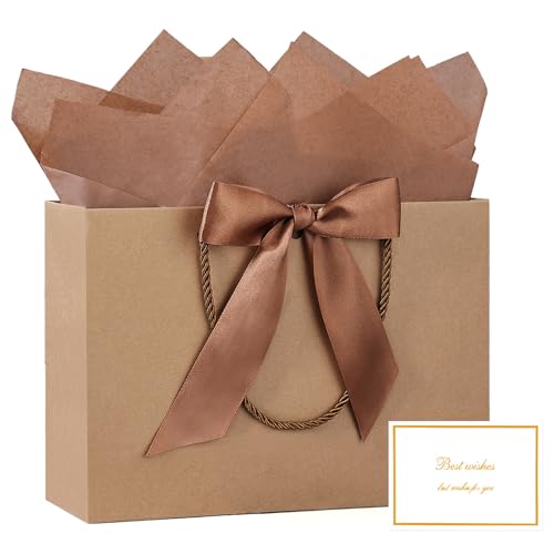 Image of JMANNI Brown Gift Bags with Handles, 13 inch Medium Gift Bags with Tissue Paper