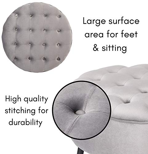 Birdrock Home Tufted Round Grey Ottoman – Velvet Foot Stool – Mid Century Modern Steel Legs - Soft Compact Padded Stool - Living Room Or Bedroom – Vanity Chair - Decorative Furniture #TOP4