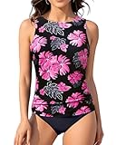 Aqua Eve Women's High Neck Tankini Swimsuits - Two Piece Tummy Control Bathing Suits Modest Swimwear 2025 Pink Floral L