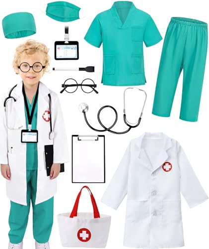 Boutrele 12 PCS Doctor Costume for Kids,Scrubs with Lab Coat/Nurse Costume Kids Set,Girls Boys Doctor Career Day Costumes(Green, 5-6 Years)