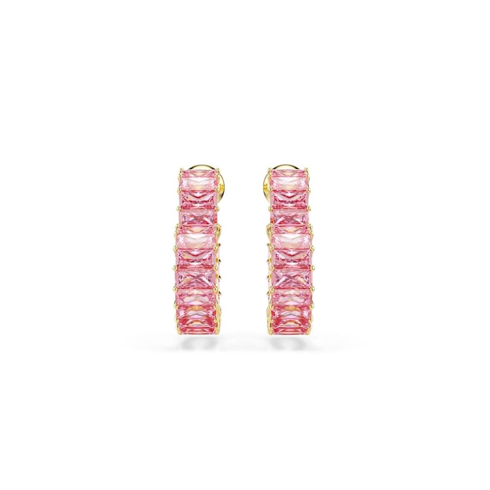 Swarovski Matrix Small Hoop Earrings, Heart Motif with Pink Baguette-Cut Crystals in a Gold-Tone Finished Setting, Part of the Swarovski Matrix Collection
