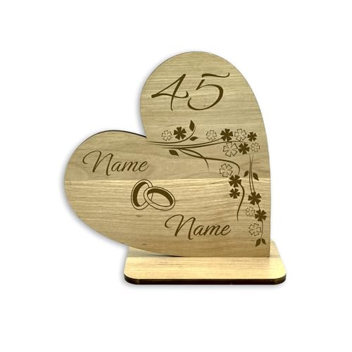 KS Laserdesign Deko Holz Herz -Messinghochzeit- Geschenke zum 45 jhrigen Jubilum der Hochzeit, personalisiert mit Namen, Hochzeitstag, Ehegeschenke, Frauen & Mnner Jahrestag