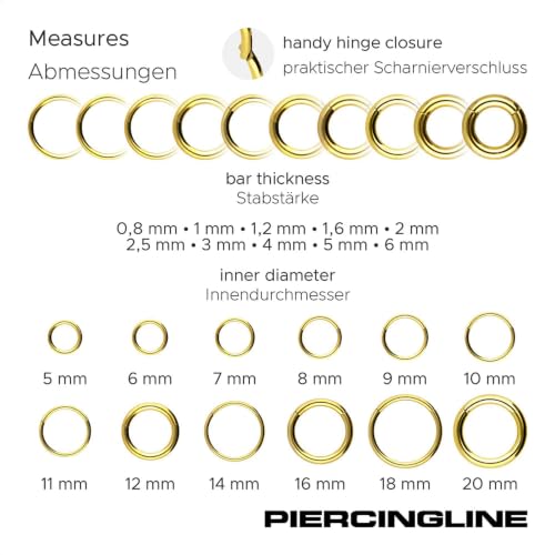 PIERCINGLINE Segmentring Clicker Chirurgenstahl Piercing Ring Nase Ohr Helix Septum Goldfarben 0,8 x 10 mm