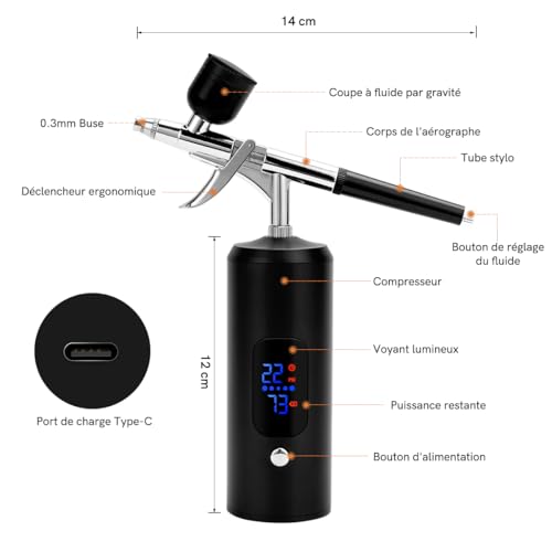 Miniatura 2 de Brisunshine Kit Aerógrafo Inalámbrico 38psi Ajustable Con Compresor, Recargable, Pantalla Lcd, Manguera Extensión, Ideal Para Peinado, Nail Art, Decoración Pasteles, Maquillaje