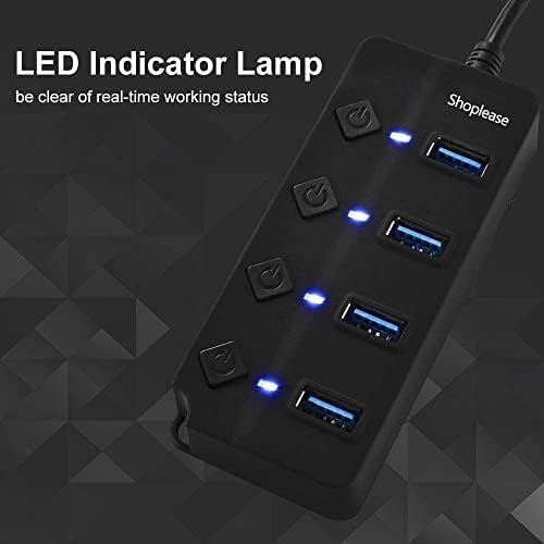 shoplease 4-Port USB 3.0 Hub with Individual Power Switches and Lights, High-Speed Data Hub Splitter Portable USB Extension Hub for PC Laptop and More (With Power Adapter Cabler)