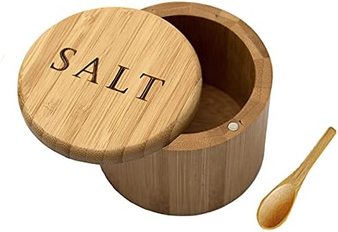 VICUKIE Salt Cellar, Bamboo Salt Box, Salt Container With Spoon, Salt Holder With Lid, Salt Shaker, Cumin and Pepper Bowl with Magnetic Swivel Lid (1 box with engraved Salt)… (SALT engraved)