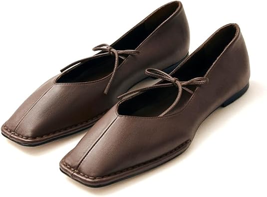 FIFSY Womens Square Toe Ballet Flats Bow Tie Slip On Mary Jane Flats Lace Up Comfortable Casual Ballerina Shoes, Brown US7.5