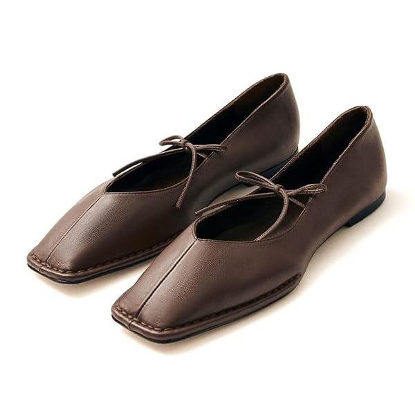 FIFSY Square Toe Ballet Flats for Women Bow Strap Mary Jane Flats Lace Up Comfortable Ballerina Shoes, Brown US10 by FIFSY - Used condition - Image 4