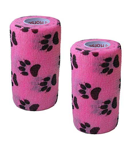 Image of Vet Wrap Wrap Tape (Pink with Paws) (2 Pack) (4 Inch x 15 feet) Self Adhesive Adherent Adhering Cohesive Flex Self Stick Bandage Grip Roll Dog Cat Pet Horse