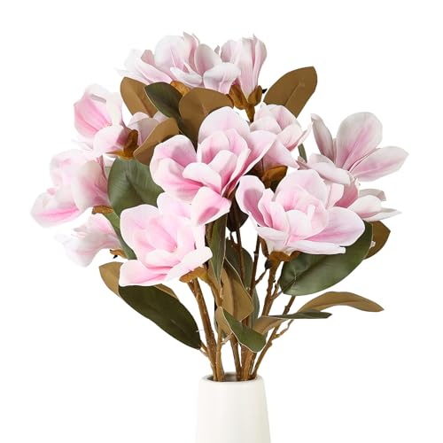 2PCS 32.2inch Artificial Magnolia Flowers 3D Real Touch 6 Heads Faux Magnolia Flower Bouquets Realistic Long Stem with Green Leaves for Home Wedding Table Office Floral Arrangement Decoration (Pink)