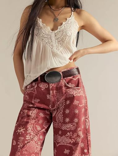 loveimgs Women Boyfriend Baggy Barrel Jeans Floral Print Denim Ankle Pants Wide Leg Mid Rise Jeans Sweatpants Y2k Patchwork3