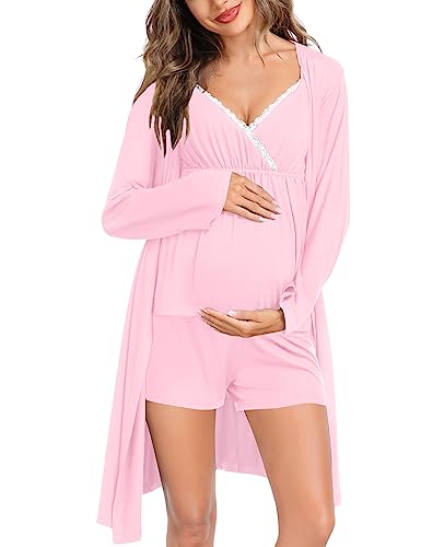 Image of SWOMOG Womens Maternity Robe Set 3 Piece Nursing Pajamas for Breastfeeding 3 in 1 Labor Delivery Hospital Pregnancy Pjs Grey