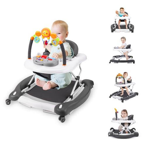 Baby Walker, 5-in-1 Baby Walkers for Boys and Girls 6-12 Months with Bouncer, Removable Footrest, Feeding Tray & Music, Foldable & Adjustable Activity Walker for 6-18 Months Toddler Infant