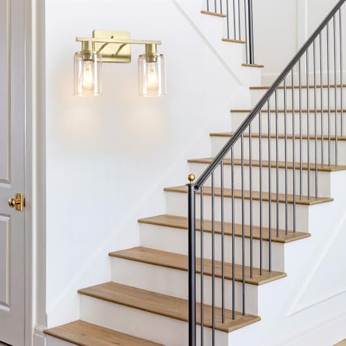 Image of 2-Light Gold Bathroom Vanity Light,Brushed Gold Bathroom Light Fixtures Over Mirror with Clear Glass Shade,Modern Wall Sconces Lighting for Kitchen Living Room Cabinet Hallway