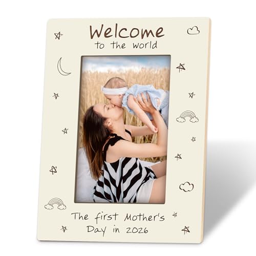 Psbrn Our First Mothers Day - Blue Frame Suitable For 4X6 Inch Photos Wooden Baby Photo Frame With Stand Baby Full Moon Photo Gift For Mother Office/Home Desktop Decoration - A05