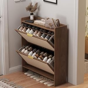 Shoe Cabinet Shoe Storage Cabinet with 2 Flip Drawers and Handles Freestanding Narrow Organizer for Living Room Entryway and Hallway Walnut