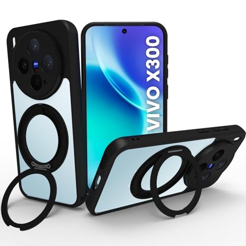 Image of RIGGEAR Shockproof Sleek Hybrid Armor 360 Rotating Magnetic Ring Stand Back Cover Case Compatible with MagSafe Accessories for Vivo X300 (Clear PC + Black TPU Bumper)