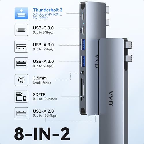USB C Adapter for MacBook Pro/MacBook Air M1 M2 M3 2022 2021 2020 2019 13\" 15\" 16\",USB-C Hub MacBook Pro Accessories Dongle with 3 USB Ports+SD/TF Card Reader+100W Thunderbolt 3 PD Port - Thumbnail 2