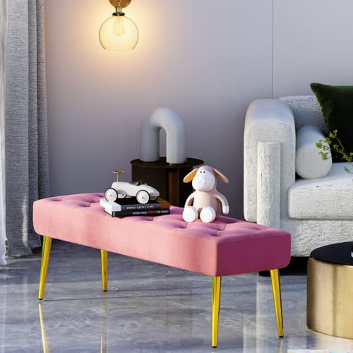 Lamerge Velvet Entryway Bench, Modern Upholstered Tufted Ottoman Stool With Embedded Crystal, Footrest Accent Bench End Of Bed Stool For Doorway, Living Room, Lock Room, Bedroom 44"×15"×18" (Pink) #TOP3