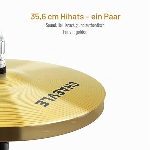 SHAEVLE Beckenset, 5 Stück Alloy Cymbal Set inkl. 14\ HiHat /16\ Crash /18\ Crash /20\ Ride Drum Cymbal Pack, Golden