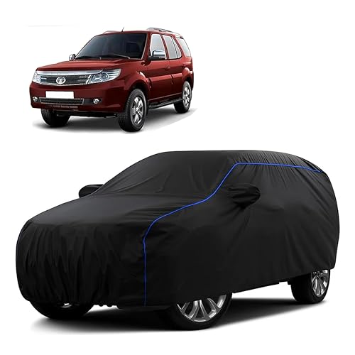 Image of Sulfar 100% Water Resistant Car Body Cover Compatible with Mirror for Tata Safari Storme (Triple Stitched, Full Bottom Elastic, Black Tafetta with Blue Piping)